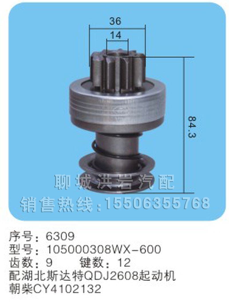 105000308WX-600序号6309,马达齿轮,聊城市洪岩汽车电器有限公司